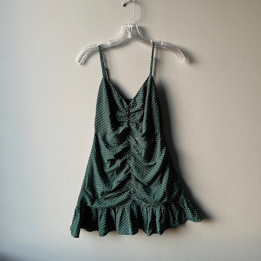 Urban Outfitters Sleeveless Ruched Green Polka Dot Dress